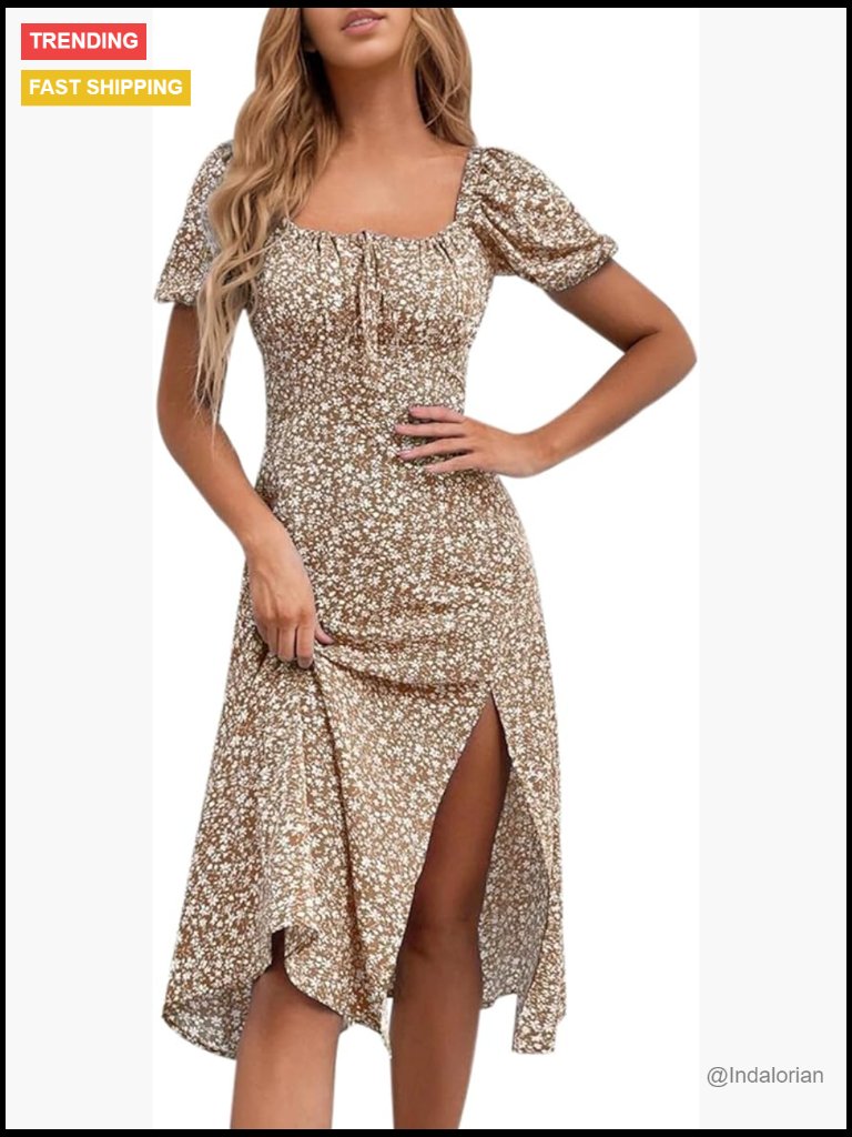 Square Neck Puff Sleeve Floral Midi Dress With Slit Ruched Bust High Waist